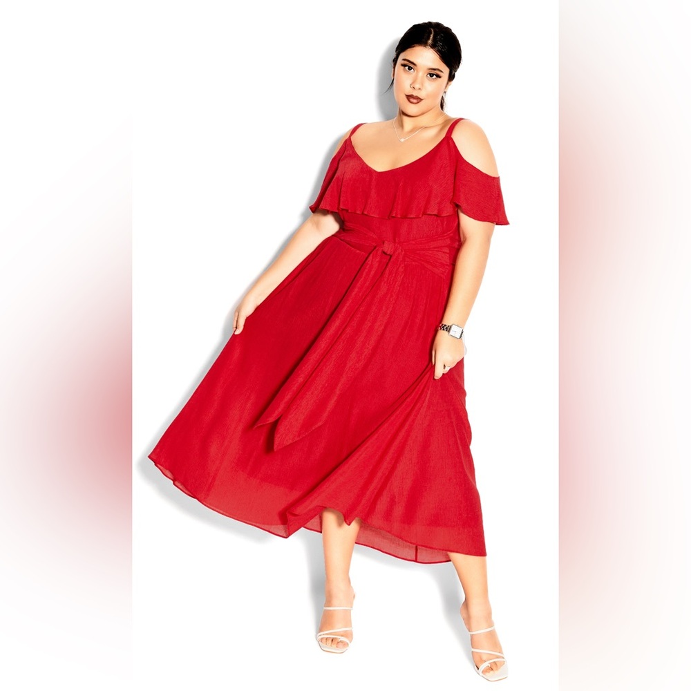 NWT City Chic Romantic Tie Midi‎ Dress In Red V-Neck Cold Shoulder 20 (L) Flowy